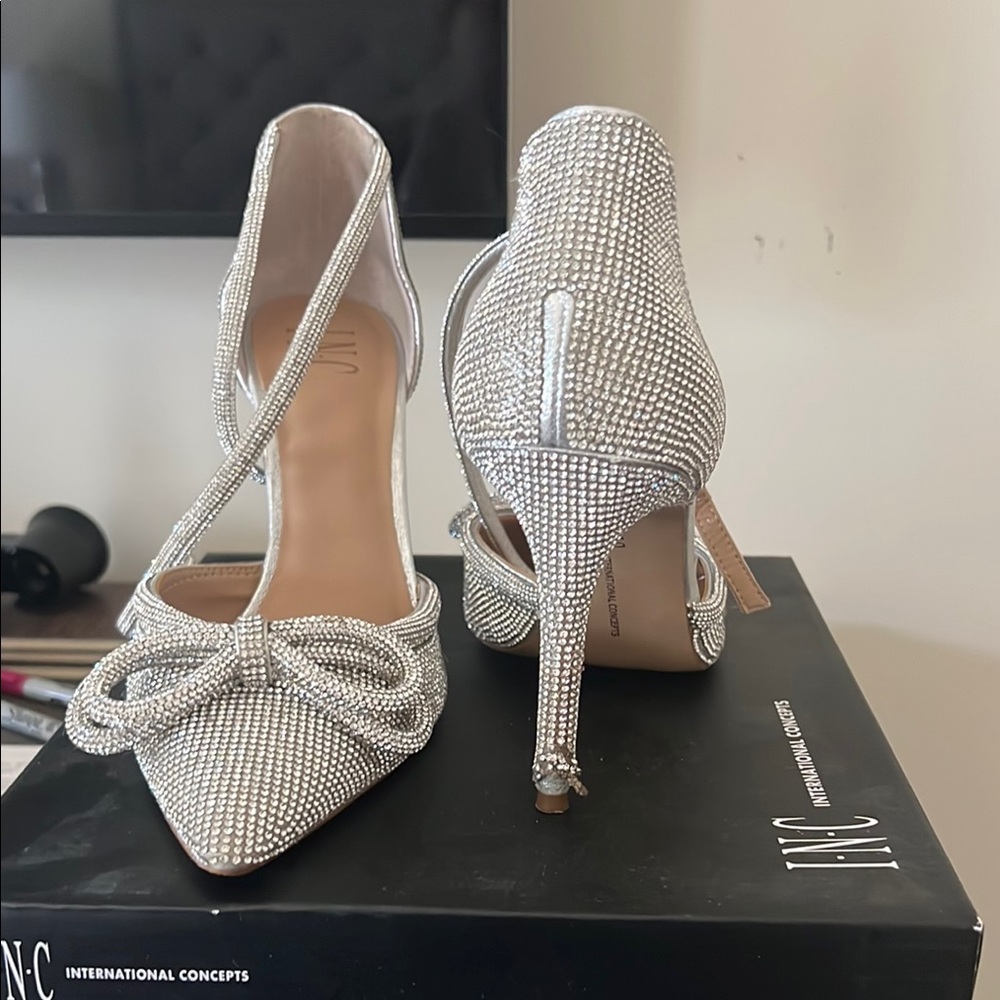 INC International Concepts Women's Silver Heels with Bow Detail